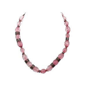 Vintage Pink Crystal Bead Necklace with Gunmetal Accents
